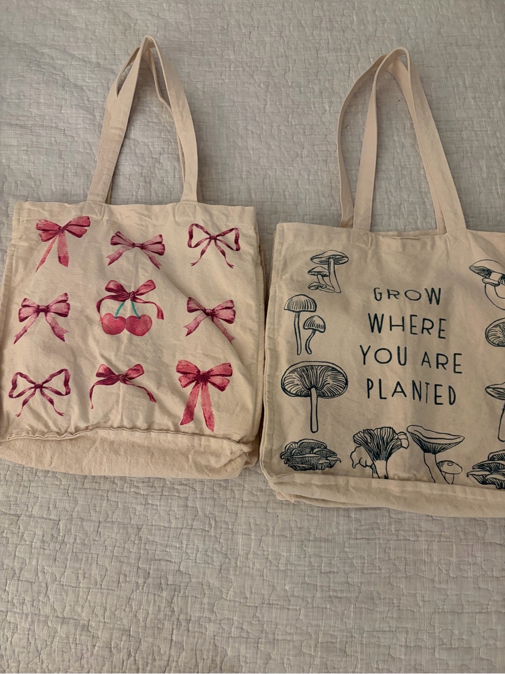 Canvas Tote Bag Pair with Cherry & Mushroom Prints - Pink Accents